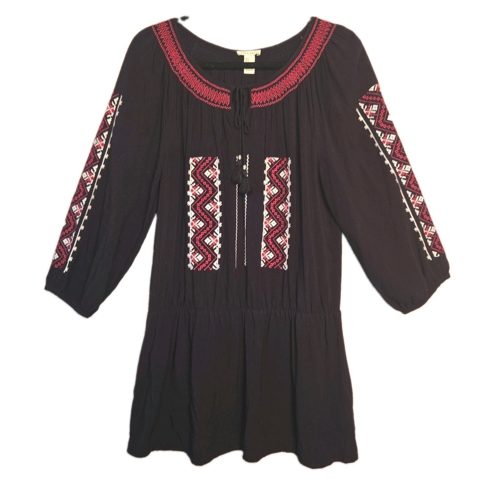 FOREVER 21 Folk Embroidered Peasant Tunic Top Large Black Boho Tassel Tie Blouse
